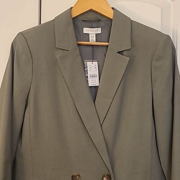 Top Shop Double Breasted Relaxed Fit Blazer Khaki Olive Sage Green Size US 6P - Picture 2 of 9